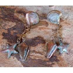 AQP 4022e Verdigris Patina Solid Brass Shells and Starfish Double Dangle Earrings