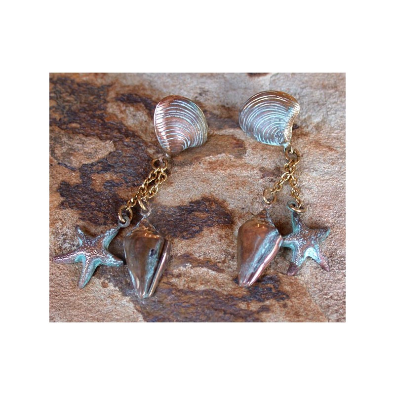 AQP 4022e Verdigris Patina Solid Brass Shells and Starfish Double Dangle Earrings AQP 4022e Verdigris Patina Solid Brass Shells and Starfish Double Dangle Earrings