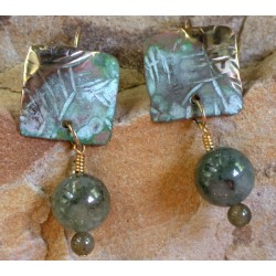 TTP 396eTUR  Hand Forged Verdigris Patina Brass Textured Tealeaf Small Domed Square Earrings - Green Tourmaline