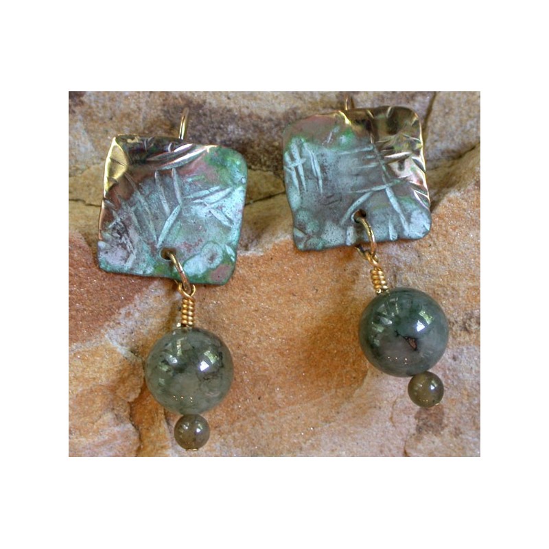 TTP 396eTUR  Hand Forged Verdigris Patina Brass Textured Tealeaf Small Domed Square Earrings - Green Tourmaline