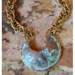 TTP 292pdCH  Verdigris Patina Solid Brass Textured Tealeaf Contemporary Classic C Pendant  -  Large Multi Link Chain