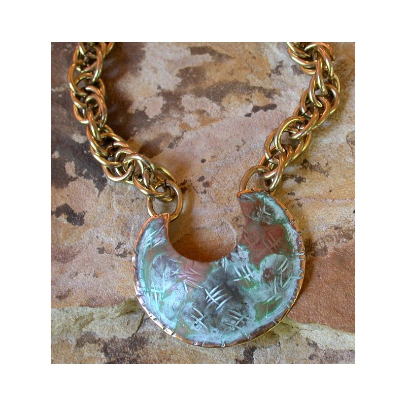 TTP 292pdCH  Verdigris Patina Solid Brass Textured Tealeaf Contemporary Classic C Pendant  -  Large Multi Link Chain