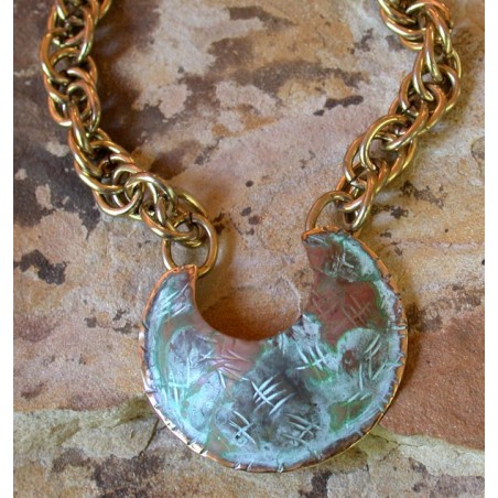 TTP 292pdCH  Verdigris Patina Solid Brass Textured Tealeaf Contemporary Classic C Pendant  -  Large Multi Link Chain