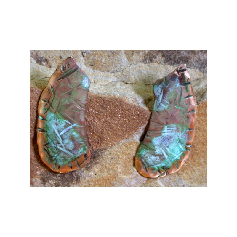 TTP93e  Hand Forged Verdigris Patina Solid Brass Textured Tealeaf Abstract Curve Earrings