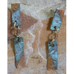 TTP 21e Verdigris Patina Brass Textured Tealeaf Classic Two Tier Link Dangle Earrings