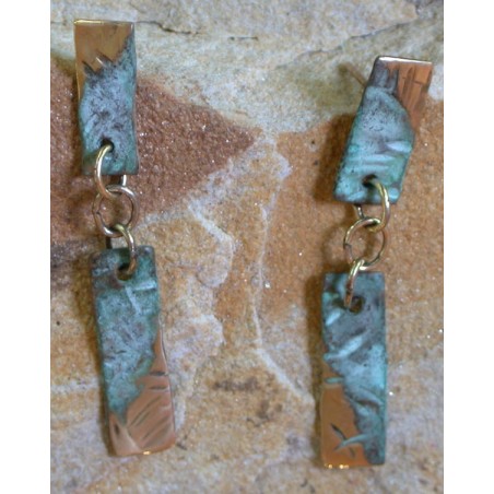 TTP 21e Verdigris Patina Brass Textured Tealeaf Classic Two Tier Link Dangle Earrings