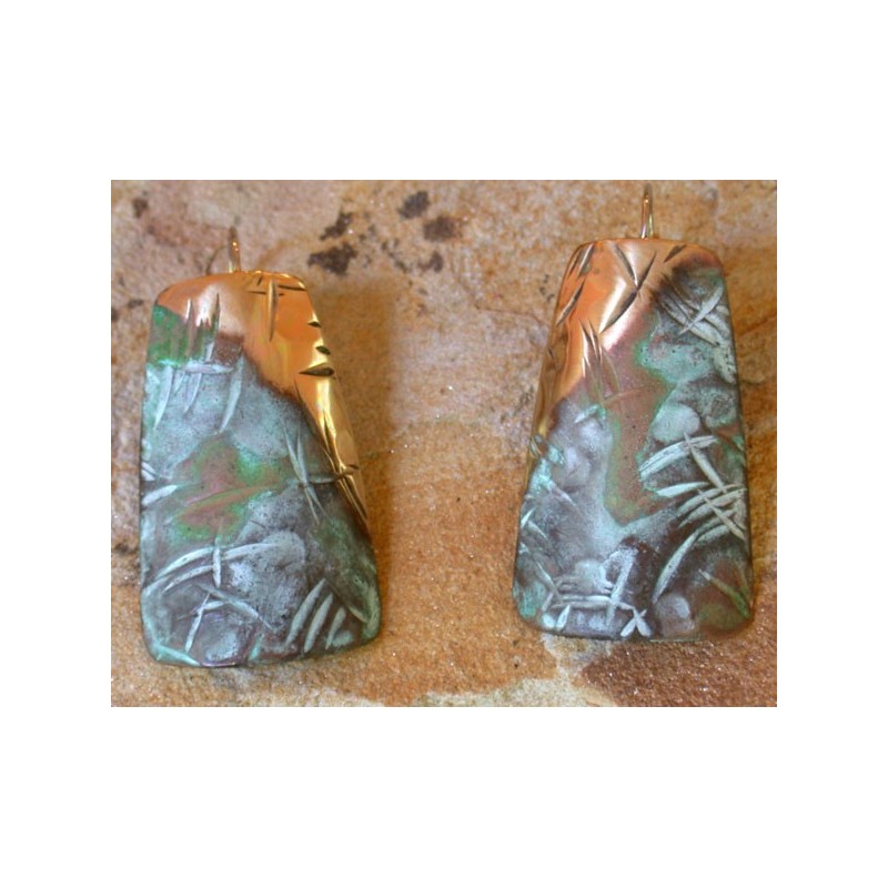 TTP 92e Verdigris Patina Brass Contemporary Textured Tealeaf Elongated Tapered Barrel Earrings