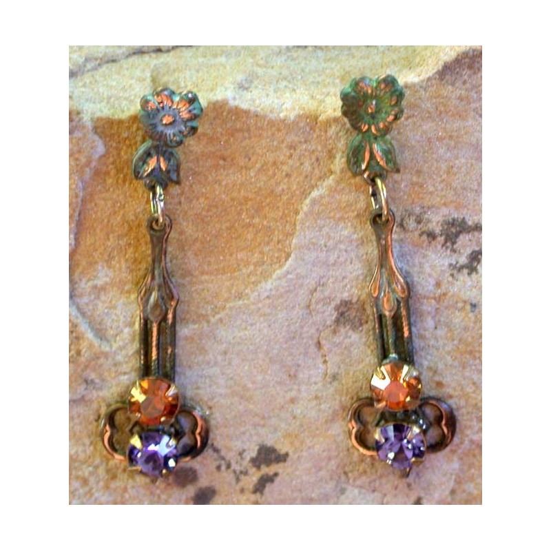 VNP931e  Verdigris Patina Brass Delicate Floral Dangle Earrings - Copper, Tanzanite Swarovski Crystals