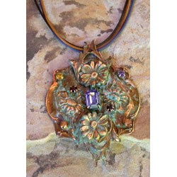 NAO7848pd  Olive Patina Solid Brass Zinnias Floral Pendant - Swarovski Crystals