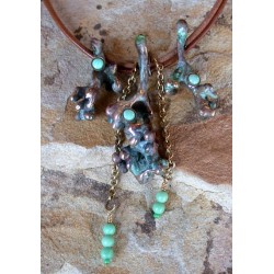 TWP8n Verdigris Patina Lost Wax Cast Brass Twigs Collection Necklace - Variscite 