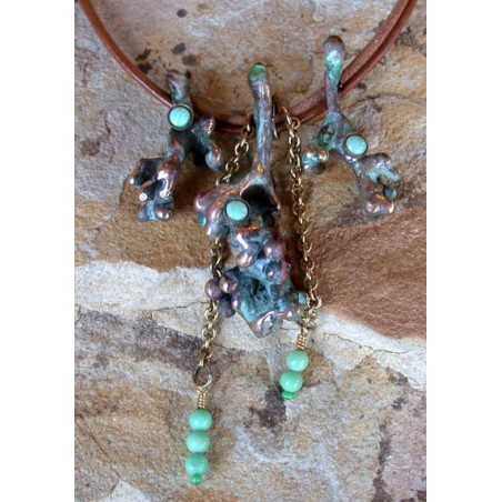 TWP8n Verdigris Patina Lost Wax Cast Brass Twigs Collection Necklace - Variscite 