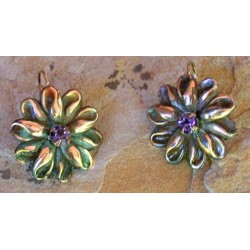 NAO921e Olive Patina Solid Brass Large Zinnia Flower Earrings - Swarovski Crystals 