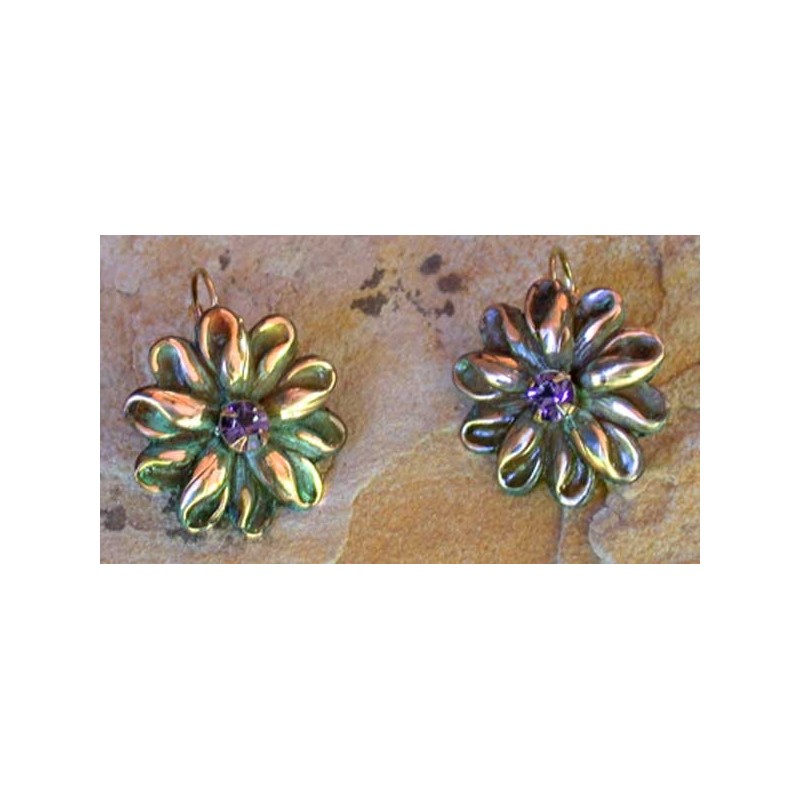 NAO921e Olive Patina Solid Brass Large Zinnia Flower Earrings - Swarovski Crystals 