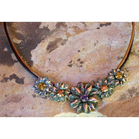 NAO921n Olive Patina Solid Brass Graduated Flowers Necklace - Swarovski Crystals