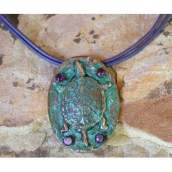 AQP72pdAM Verdigris Patina Solid Brass Box Turtle Pendant - Amethyst, Charoite