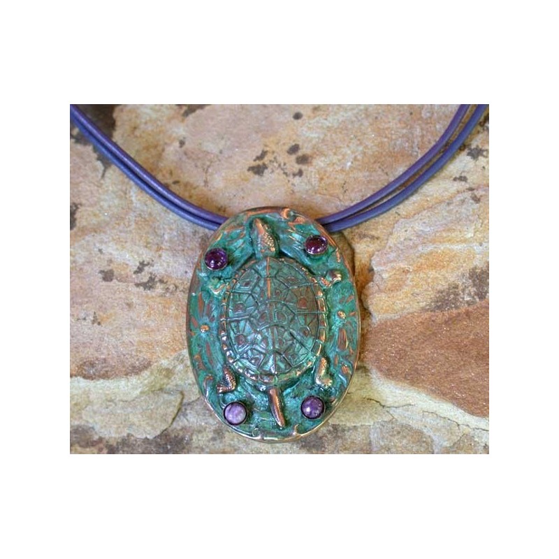 AQP72pdAM Verdigris Patina Solid Brass Box Turtle Pendant - Amethyst, Charoite