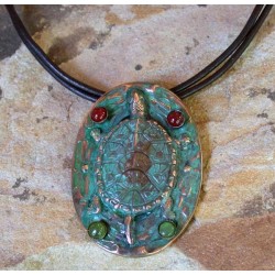 AQP72pdCA Verdigris Patina Solid Brass Box Turtle Pendant - Carnelian, Jade