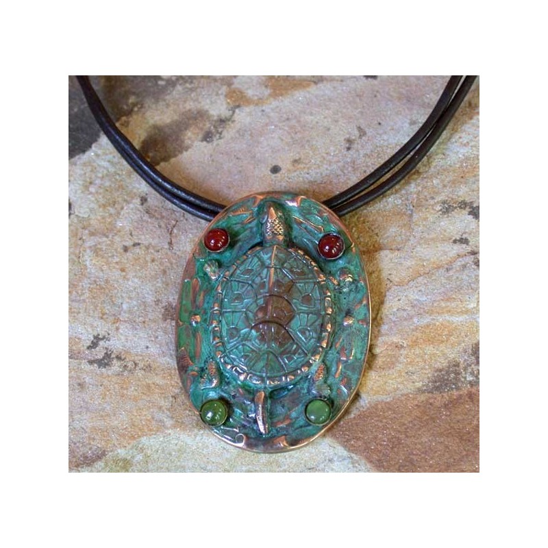 AQP72pdCA Verdigris Patina Solid Brass Box Turtle Pendant - Carnelian, Jade