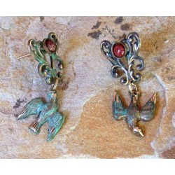 NAP1032e Verdigris Patina Solid Brass Soaring Birds with Victorian Filigree Dangle Earrings - Jasper 