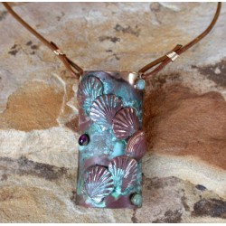 OCP 2920pd Verdigris Patina Brass Overlapping Shells Pendant on Rawhide - Amazonite, Amethyst and Jade