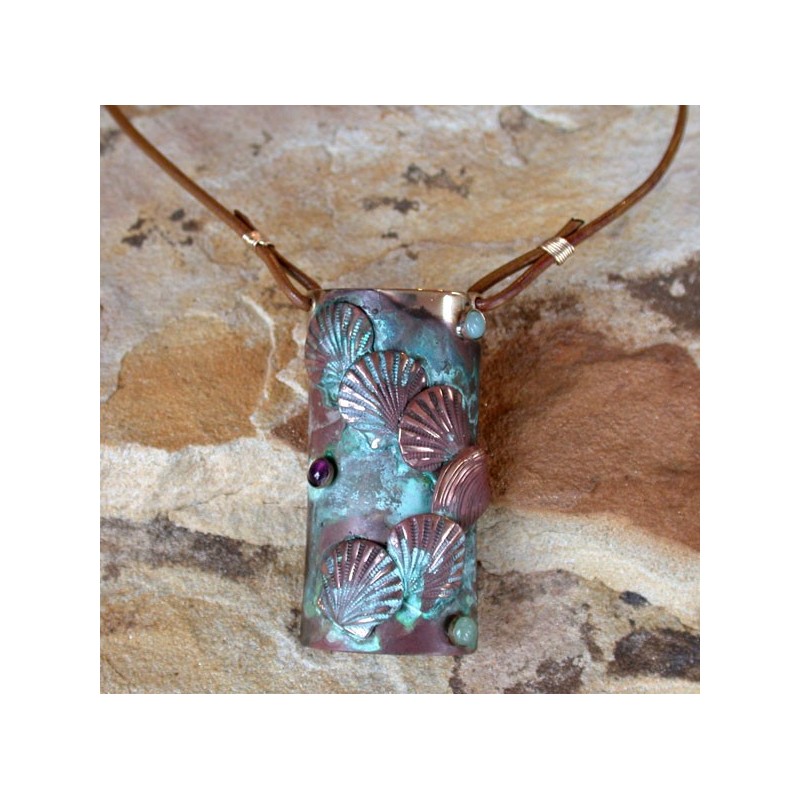 OCP 2920pd Verdigris Patina Brass Overlapping Shells Pendant on Rawhide - Amazonite, Amethyst and Jade OCP 2920pd Verdigris Patina Brass Overlapping Shells Pendant on Rawhide - Amazonite, Amethyst and Jade