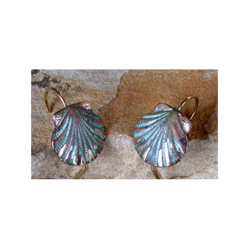 OCP26e Verdigris Patina Brass Scallop Shell Earrings - Museum Latch