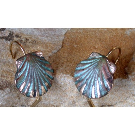 OCP26e Verdigris Patina Brass Scallop Shell Earrings - Museum Latch