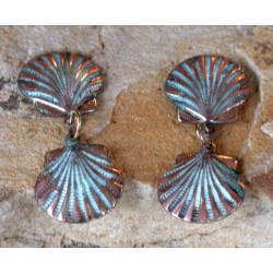 OCP262e Verdigris Patina Solid Brass Double Scallop Shell Dangle Earrings