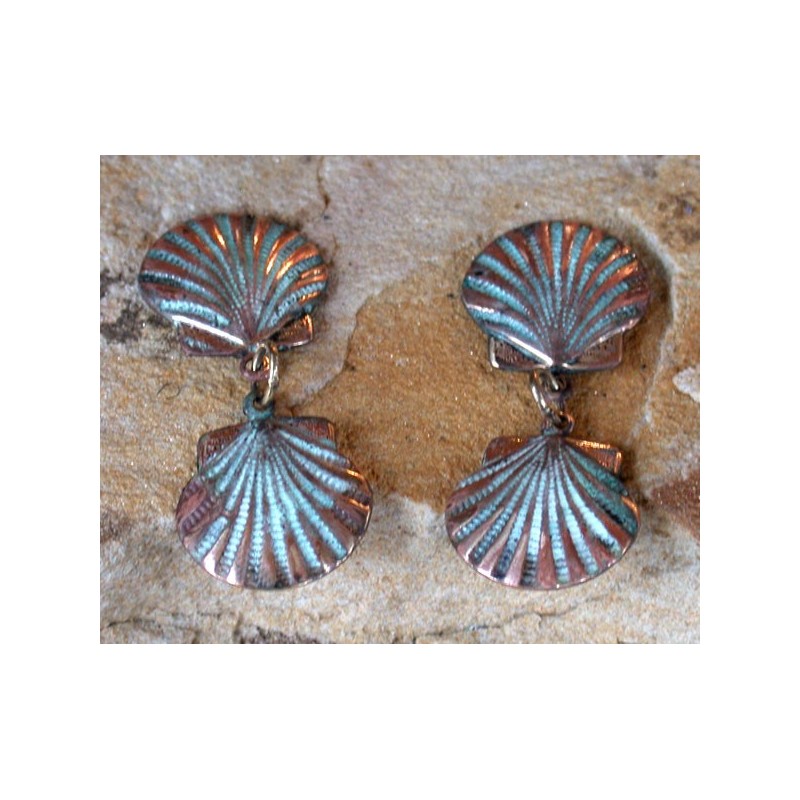 OCP262e Verdigris Patina Solid Brass Double Scallop Shell Dangle Earrings