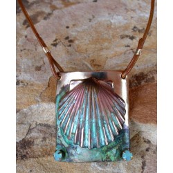 OCP6714pd Verdigris Patina  Large Scallop Shell Pendant - Pacific Blue Opal Crystals, Natural Rawhide