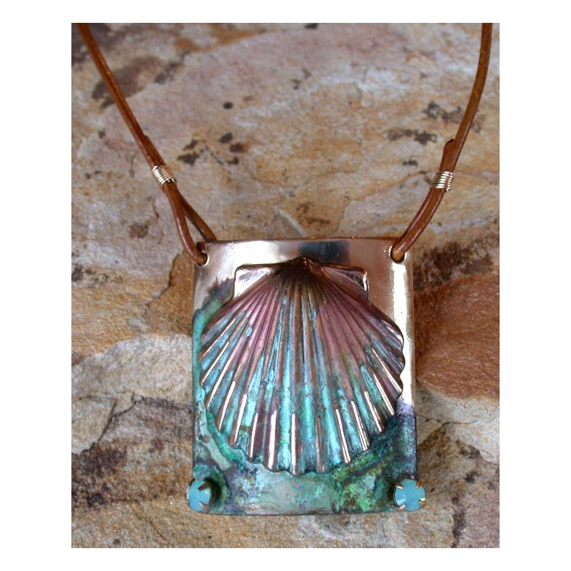 OCP6714pd Verdigris Patina Large Scallop Shell Pendant - Pacific Blue Opal Crystals, Natural Rawhide OCP6714pd Verdigris Patina Large Scallop Shell Pendant - Pacific Blue Opal Crystals, Natural Rawhide