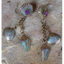 OCP 261e Verdigris Patina Clam, Conch and Scallop Shell Dangle Earrings - Violette Opal Crystals