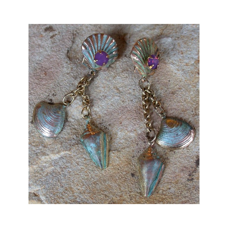 OCP 261e Verdigris Patina Clam, Conch and Scallop Shell Dangle Earrings - Violette Opal Crystals