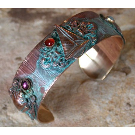 AQP7326bc Verdigris Patina Solid Brass Schooner and Shell Cuff - Amazonite, Amethyst, Carnelian