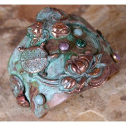 NP 3446cf Verdigris Patina Solid Brass Box Turtle on Waterlilies Dynamic Cuff - Charoite, Light Amazonite, Turquoise 
