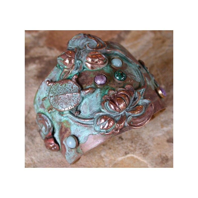 NP 3446cf Verdigris Patina Solid Brass Box Turtle on Waterlilies Dynamic Cuff - Charoite, Light Amazonite, Turquoise 