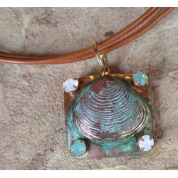 OCP6910pd Verdigris Patina Clam Shell Pendant - Pacific Blue, White Opal Crystals 