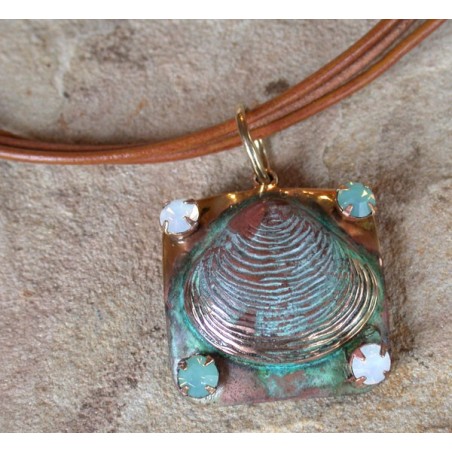 OCP6910pd Verdigris Patina Clam Shell Pendant - Pacific Blue, White Opal Crystals 
