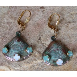 OCP6910eVerdigris Patina Clam Shell Dangle Earrings - Pacific Blue White Opal Crystals