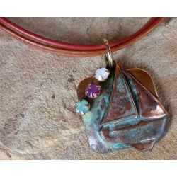 OCP620pdCR Verdigris Patina Brass Sailboat Pendant - Pacific Blue, Violette and White Opal Swarovski Crystals 