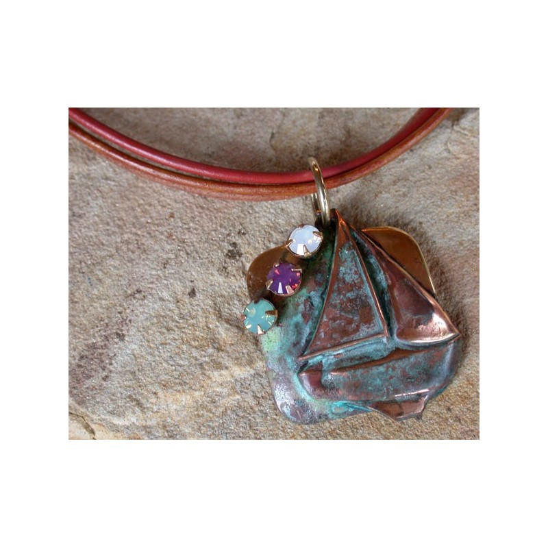 OCP620pdCR Verdigris Patina Brass Sailboat Pendant - Pacific Blue, Violette and White Opal Swarovski Crystals 
