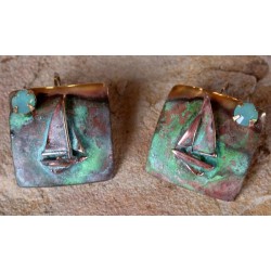 OCP620eCR Verdigris Patina Cast Brass Sailboat Earrings - Pacific Blue Crystals, Museum Latch