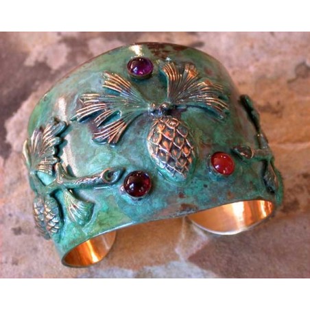 NAP845cf Verdigris Patina Solid Brass Pinecone Cuff - Amethyst, Carnelian, Garnet 