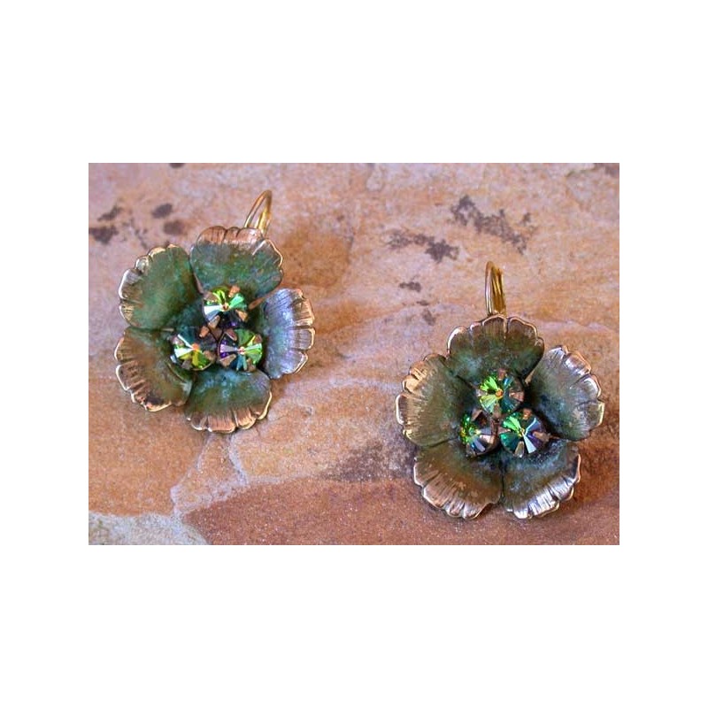 NAO86eDV Olive Patina Solid Brass Sculptural Flower Earrings - Dark Vitrail Swarovski Crystals 