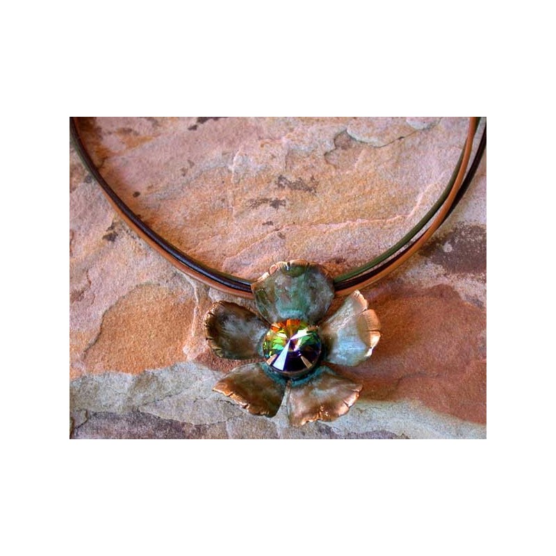 NAO861pdDV Olive Patina Solid Brass Sculptural Flower Pendant - Dark Vitrail Swarovski Crystal