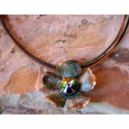 NAO861pdDV Olive Patina Solid Brass Sculptural Flower Pendant - Dark Vitrail Swarovski Crystal