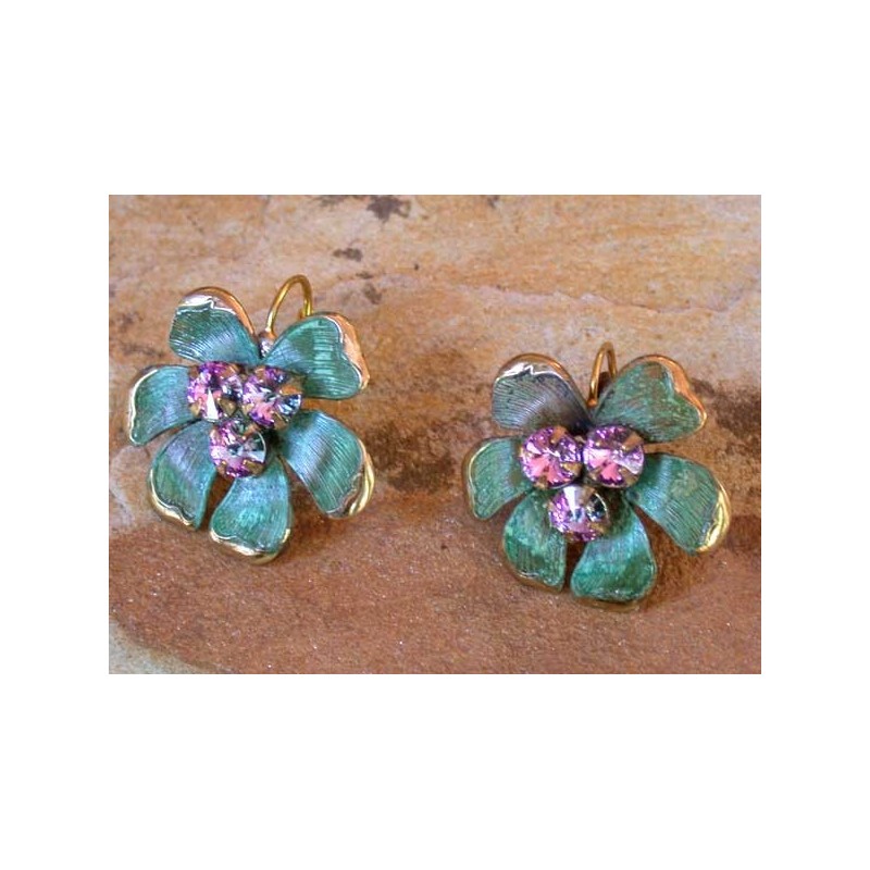 NAP9433eLV Verdigris Patina Solid Brass Mayapple Flower Earrings - Light Vitrail Swarovski Crystals