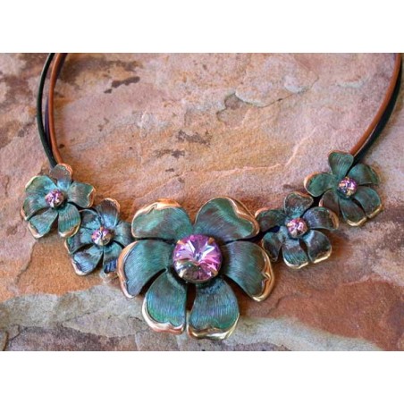 NAP9433nLV Verdigris Patina Solid Brass Mayapple Flowers Graduated Necklace - Light Vitrail Swarovski Crystals 