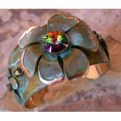 NAO43cfDV Olive Patina Solid Brass Mayapple Flower Pendant - Dark Vitrail Swarovski Crystal