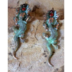 NAP56e Verdigris Patina Solid Brass Lizard on Leaf Earrings - Amethyst, Carnelian